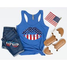 "4th of July Tank Top, Womens 4th of July Shirt, Womens Tank Top, American Flag Lips, Fourth of July Tanks, America Tank, American Flag Tank Get ready to party in this Women's 4th of July tank top! Features an American Flag lips design - perfect to celebrate USA in! All inks used to print are water-based and eco-friendly. HOW TO SELECT BEST SIZE: Customer feedback suggests this tank runs true to size. Please select size based on measurements provided in the size chart rather than \"size\", which Patriotic Blue Tops For Summer, Blue Patriotic Tops For Summer, Blue Patriotic Summer Tops, Blue Flag Print Tops For Summer, Blue Tops With American Flag Print For Memorial Day, Patriotic American Flag Print Tops For 4th Of July, Patriotic Tops With American Flag Print For Labor Day, American Flag Print Top For Fourth Of July, Casual 4th Of July Flag Print Tank Top