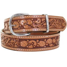 B1057 - Natural Floral/cactus Tooled Belt Belt Tooled Cactus, Tooled Belt, Custom Leather Belts, Cowgirl Belts, Dog Bling, Leather Working Patterns, Leather Tooling Patterns, Tooled Leather Belts, Double J