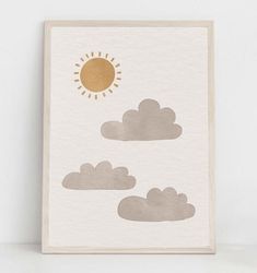 a card with the sun and clouds on it in grey, yellow and white colors