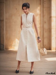 Olivia Mark - White Cotton Beach Dress with Buttoned Neckline Design Elegant Midi Dress For Beach Season, Elegant Midi Dress For Daywear And Beach Season, Elegant Midi Dress For Beach Season Daywear, Neckline Designs, Beach Dress, Olivia Mark, White Cotton, White, Design