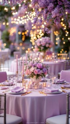 Wedding Ideas Lilac Decor, Lavender Garden Party, Lavender And Pink Wedding Theme, Lilac And Gold Wedding Theme, Light Pink And Purple Wedding, Gold And Lilac Wedding, Wedding Reception Ideas Purple, Lavender Wedding Theme Table Decorations, Emerald And Purple Wedding