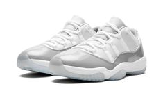 The Air Jordan 11 Low “Cement Grey” is a clean, neutral colorway of Michael Jordan’s eleventh signature shoe in its low-top form.  The design features a white mesh build with a contrasting grey patent leather mudguard.  Classic “JORDAN JUMPMAN” branding is found on the white mesh tongue.  “23” insignia is on the heel.  Underfoot, the shoe’s white foam midsole is paired with an icy blue translucent rubber outsole.  Release date: April 1, 2023 Air Jordan 11 Retro Low, All Jordans, Air Jordan 11 Low, Jordan 11 Low, Jordan Model, White Cement, Nike Air Jordan 11, Jordan 11 Retro Low, Cement Gray