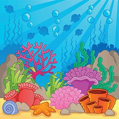 an underwater scene with corals, shells and starfish on the sand under water