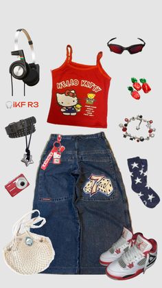 #y2kaesthetic #y2kfashion #redaesthetic #hellokittycore #vintagefashion #ikfheadphones #headphones Hello Kitty Outfit, Kitty Outfit, Cute Everyday Outfits, Edgy Outfits, Lookbook Outfits