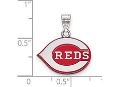 Rhodium over sterling silver enameled MLB's Cincinnati Reds medium pendant from LogoArt.   Measures approximately 0.71"L x 0.59"W. Red Sterling Silver Jewelry With Polished Finish, Red Enamel Round Pendant Necklace, Red Enamel Collectible Jewelry, Red Polished Pendant Jewelry, Red Round Jewelry With Black Enamel, Red Oval Pendant Jewelry With Polished Finish, Red Pendant Jewelry With Polished Finish, Red Enamel Round Necklace, Red Enamel Jewelry With Charms