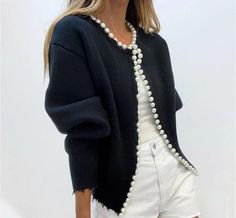 Pearl Neckline Open Cardigan Absolutely chic style! Our Pearl Neckline Open Cardigan is timeless and decorated with the most desirable details of the season.Style with denim cloth - from jeans to shorts, from heels to sneakers... we love this cardigan as a real wardrobe item. Artificial pearl edging on neck and central edge in front. Hook fastener and neck eyelet. Shabby edges of cuff and hem. Composition - Cotton, Polyester. INSTRUCTIONS FOR CARE: handwashing due to pearl finishing, changing th Size 12 Model, Beaded Cardigan, Open Cardigan, Look Chic, Black Cardigan, Casual Outfit, Spring Outfit, New Dress, Casual Dresses