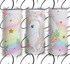 three unicorn tumbles are lined up against a white background with stars and flowers on them