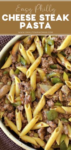 an easy pasta dish with beef, peppers and cheese