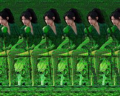 a series of photoshopped images of women in green dresses with trees and grass