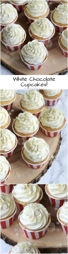 cupcakes with white chocolate frosting on top are shown in three different views