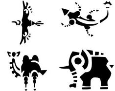 four black and white images of animals with different designs on their body, including an elephant