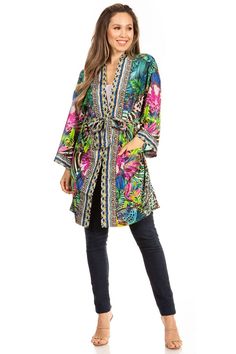 CARDIGAN/ SWEATER/ TOP/ TUNIC/ COVER-UP: Janis, the perfect everyday open front cardigan! Comes with 3/4 sleeves, patched front pockets and matching sash. Made with lightweght material and vibrant print. Generous loose fit. Kimono style! Cheap Multicolor Bohemian Cardigan, Dye Techniques, Basic Cardigan, Plain Tops, Fashion Inspiration Design, Kimono Style, Printed Cardigan, Tube Dress, Open Front Cardigan