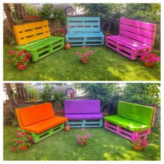 four different colored wooden benches sitting in the grass next to flowers and potted plants