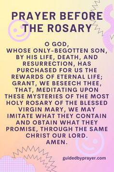 a poster with the words prayer before the rosary written in purple and pink