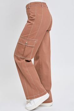 We’re living in these Women’s High-Rise Cargo Pants with Front Seam Detail all season long! We’ve omitted front and back pockets so that this high-waisted pant really accentuates your natural shape, and added a vertical front seam to draw the eye and create the illusion of a longer leg. Features contrast stitching throughout, flap button cargo pockets with pleated detail, and a relaxed straight leg for comfort and an ultra-flattering silhouette. Style with a bandeau top and sandals for a daytime Twill Pants, Cargo Pant, Bottom Clothes, Contrast Stitch, Long Legs, High Waisted Pants