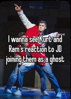 two people dancing on stage with the caption i wanna to see krit and ram's reaction to jd joining them as a ghost