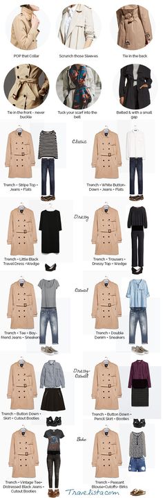 How to: Style your travel trench coat Blazer And Trench Coat Outfit, How To Dress A Trench Coat, Summer Trench Coat Outfit, Trench Coat Looks, Trenchcoat Style, Coat Styling, Coat Ideas, Coat Styles, Fashion Infographic