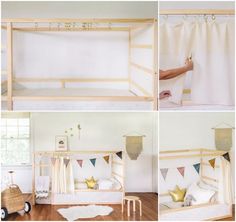 four different pictures of a child's bed with curtains