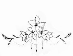 a black and white drawing of flowers on a branch with drops of water coming from the petals