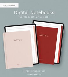 two notebooks sitting next to each other on top of a book cover with the words, digital notebooks written in pink and red