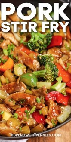 pork stir fry in a pan with broccoli and peppers