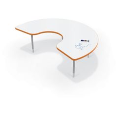 an orange and white curved desk with writing on the top, in front of a white background