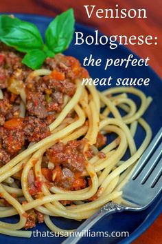 a blue plate with spaghetti and meat sauce on it that says, venison bolognaese the perfect meat sauce