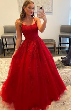 Tulle Dress Long, Red Lace Prom Dress, Red Spaghetti, Red Ball Gown, Formal Dresses Graduation, Lace Prom Dresses, Prom Dresses Elegant, Lace Ball Gowns, Homecoming Dresses Long