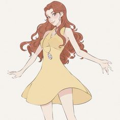 an anime character with long red hair wearing a yellow dress and holding her hands out