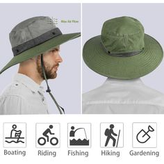 Sun Protection Safari Hat Wide Brim Fishing Hiking Boonie Cap for Men Women It is a premium quality sun hat for sun precaution. It has incredibly ability of breathable and comfortable. The contour is so free and fashionable. The greatest hat there has ever been, or ever will be in summer for talent showing itself. It is really suitable for camping , cycling or Fishing. ONE SIZE FITS MOST Casual style unisex sun hat, snug and cosy fit. Head brim 3.7", overall diam 15.5", head diam 7, head circumference 23.8". One size fits most adults head size. SUN PROTECTION UV protection micro-fiber features 100 SPF/ UPF 50. Keeps the sun from your face and neck and offers great protection from the damaging rays. High quality micro-fiber material. ADJUSTABLE The sun hat has an adjustable chin strap to ke Adjustable Wide Brim Sun Hat For Outdoor, Adjustable Wide Brim Sun Hat For Outdoor Activities, Wide Brim Adjustable Fit Sun Hat For Outdoor Activities, Breathable Adjustable Bucket Hat For Fishing, Adjustable Wide Brim Hat For Outdoor, Adjustable Fit Wide Brim Hat For Outdoor, Adjustable Breathable Bucket Hat For Fishing, Wide Brim Sun Hat For Outdoor Activities, Breathable Wide Brim Bucket Hat For Camping