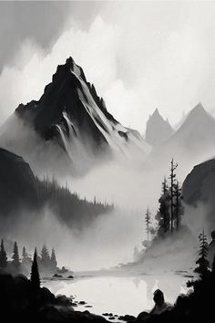 a black and white painting of mountains with trees in the foreground on a foggy day