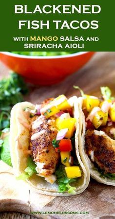 fish tacos with mango salsa and sriraca aioi