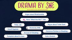 an image of the game drama by she with different words and phrases on it's screen