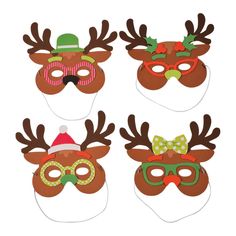 four reindeer masks with christmas decorations on them