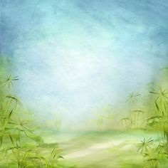 an abstract painting of green grass and blue sky