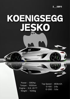 the poster for koenigseg jesko is shown in white and black