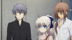 three anime characters standing next to each other in front of a gray wall with blue eyes