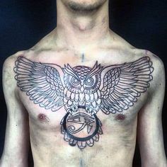 a man with an owl tattoo on his chest