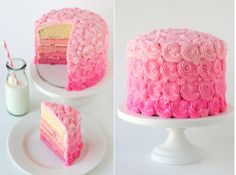 a cake with pink icing and swirls on it is cut in half to show the layers