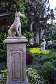 a statue of a dog sitting on top of a pedestal in the middle of a garden