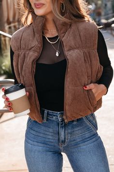 Fit Details: Jessica is 5’3, 32DD, size 3, and wearing a size small. *Fit is true to size. Note from the team: Rachel is 5’7, 155 lbs, 34B, size 7 in denim and wearing a size medium. Stylish Corduroy Puffer Sleeveless Vest Cropped Zip-up Vest Open front and two side pockets Approx. total length: 20 3/8" Material: 90% Polyester, 10% Nylon Care: Machine Wash Cold, Do Not Tumble Dry, Do Not Dry Clean Short Dresses Party, Corduroy Puffer, Cropped Zip Up, Fit Details, Kimono Cardigan, Sleeveless Vest, Skirt Leggings, Cardigan Jacket, Skirt Pants