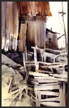 watercolor painting of an old barn and fence