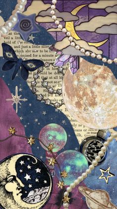 an altered collage with space, stars, and moon images on purple paper background