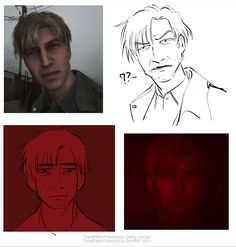 three different pictures of the same person with red light in their eyes and one man's face