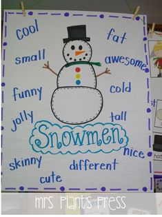 a bulletin board with snowmen written on it