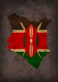 the map of kenya painted in red, white and green on a black background with two crossed swords