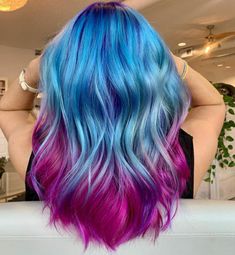 Hair Color Blue And Pink, Blue Color Melt Hair, Blue Hair With Pink Tips, Blue And Magenta Hair, Turquoise And Pink Hair, Light Blue And Pink Hair, Curly Fantasy Hair, Vivid Summer Hair Color, Pink And Blue Hair Short