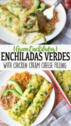 green enchiladas are served with chicken cream cheese filling and avocado