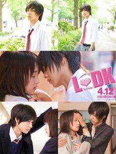 the collage shows two people in school uniforms and one is kissing another person's forehead