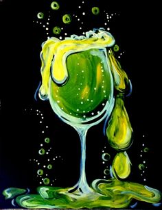 an acrylic painting of a green wine glass with bubbles and drops on it